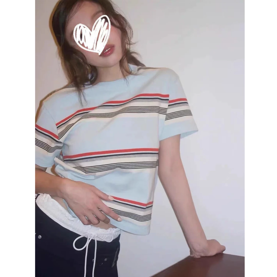复古条纹圆领撞色短袖T恤