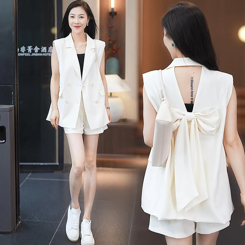 时尚洋气质西装套装女夏新款无袖露背设计感蝴蝶结短裤时髦两件套