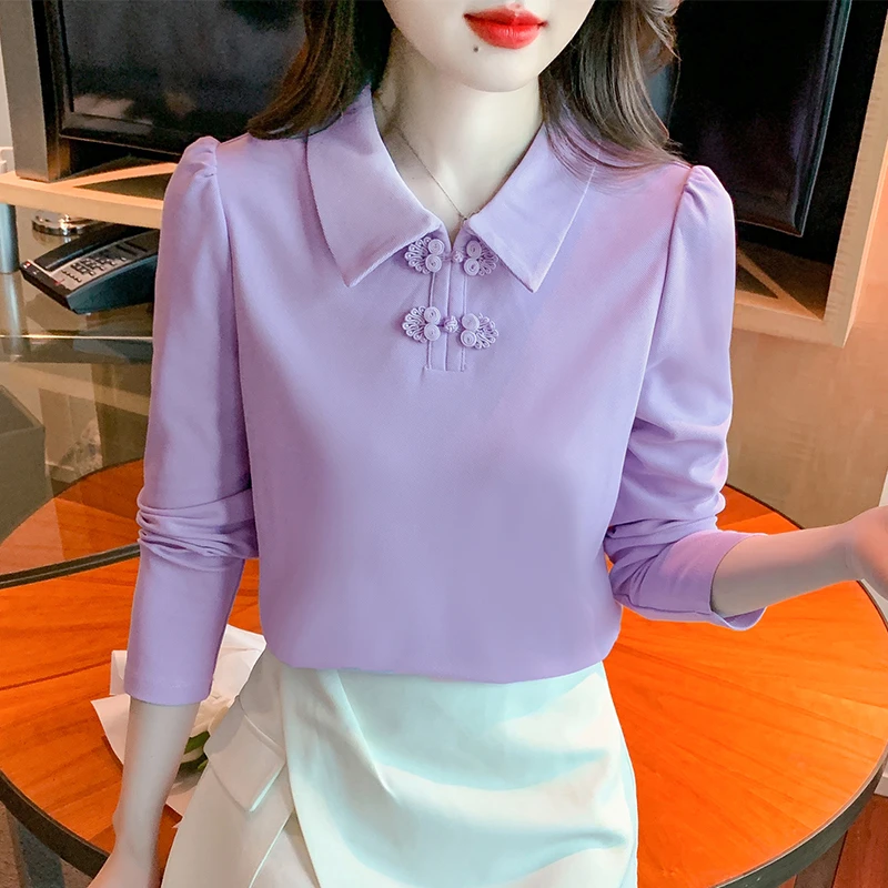 中式国风盘扣POLO领T恤女长袖2025春季新款休闲卫衣百搭上衣2576