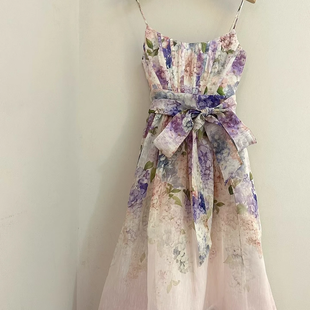 YOYO高定no退no换杨紫同款（花间漫游）定位印花丝麻吊带长裙