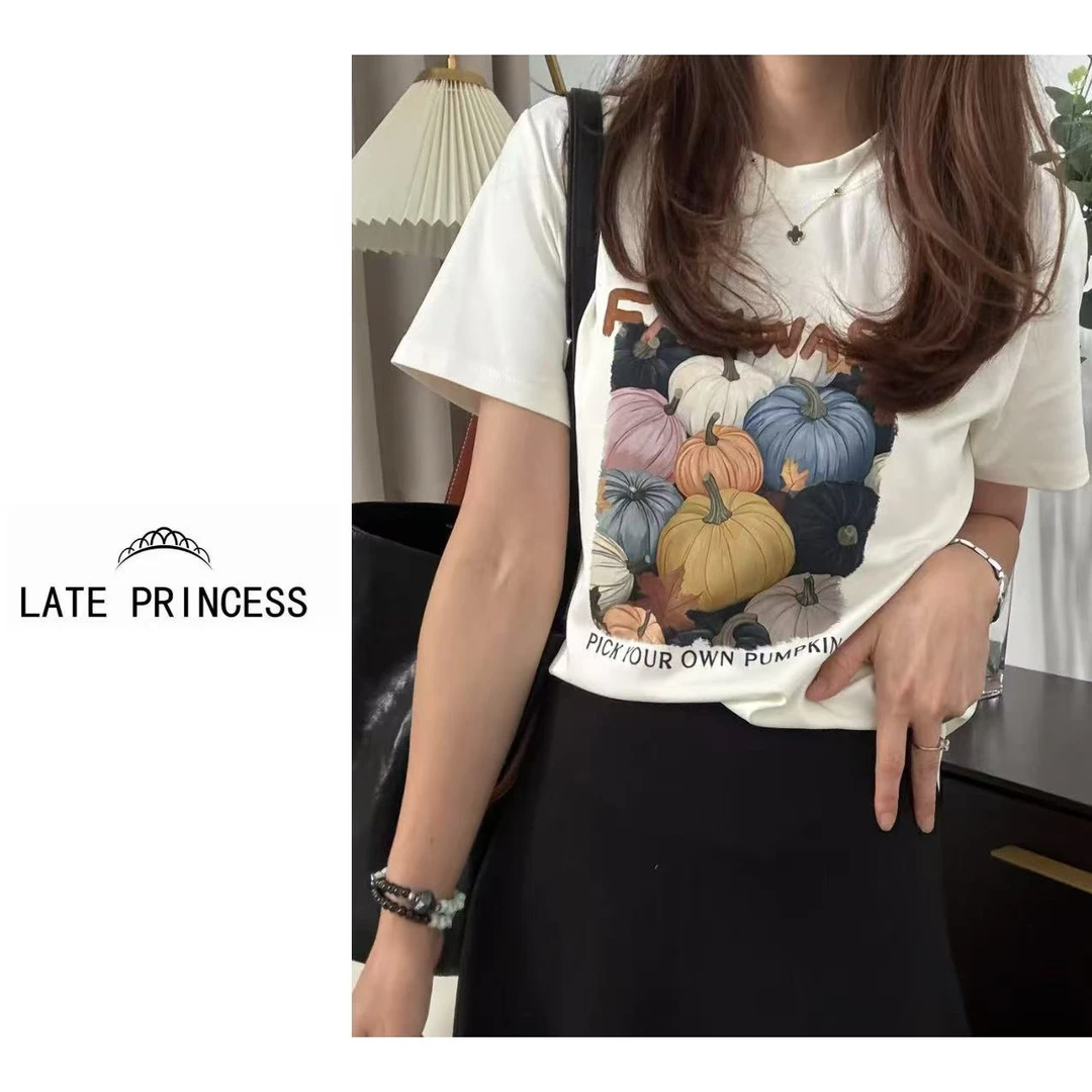 LATE PRINCESS【精妙】秋季2025新款彩色南瓜印花短袖T恤