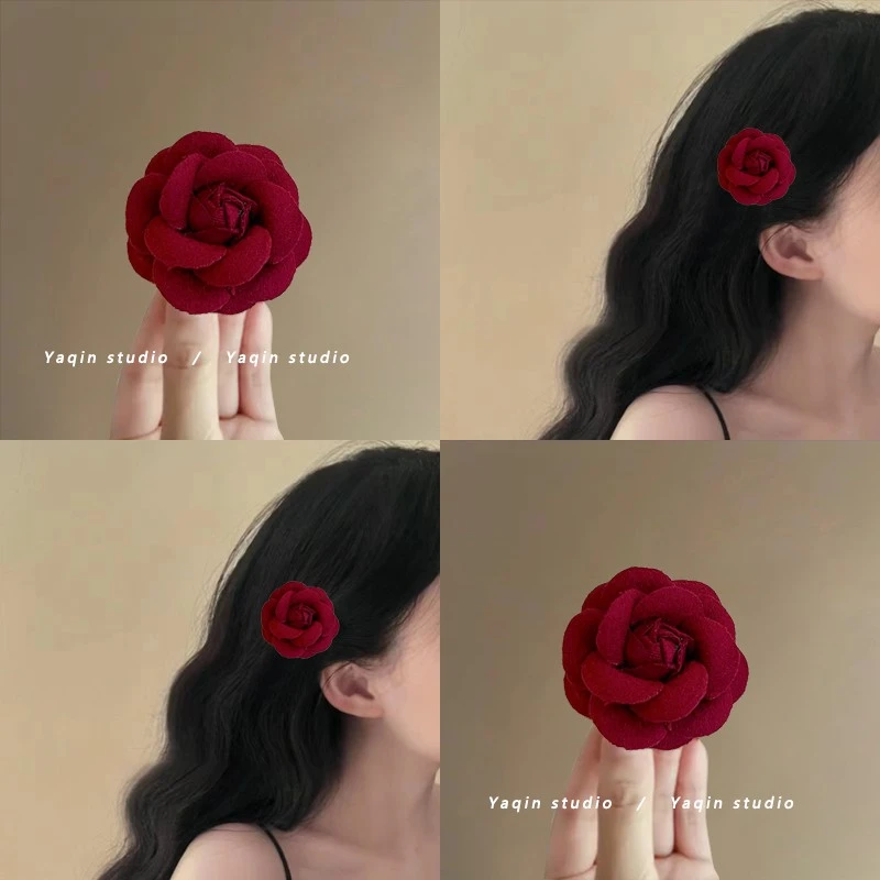 复古风格！法式酒红山茶花发夹！气质小香风简约胸针发夹新款发饰
