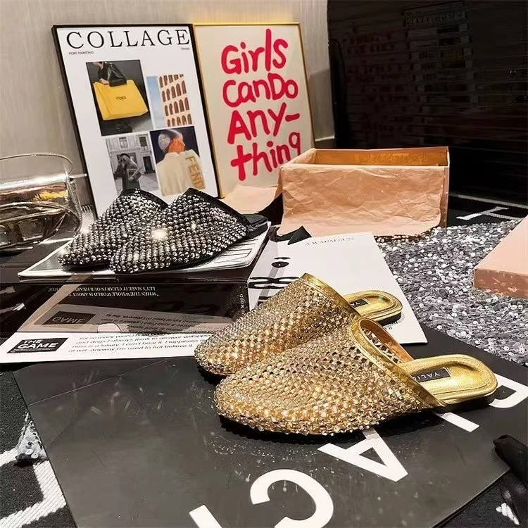方头包头半拖鞋ins超火水钻满钻金属皮渔网包头半拖鞋平底懒人拖j