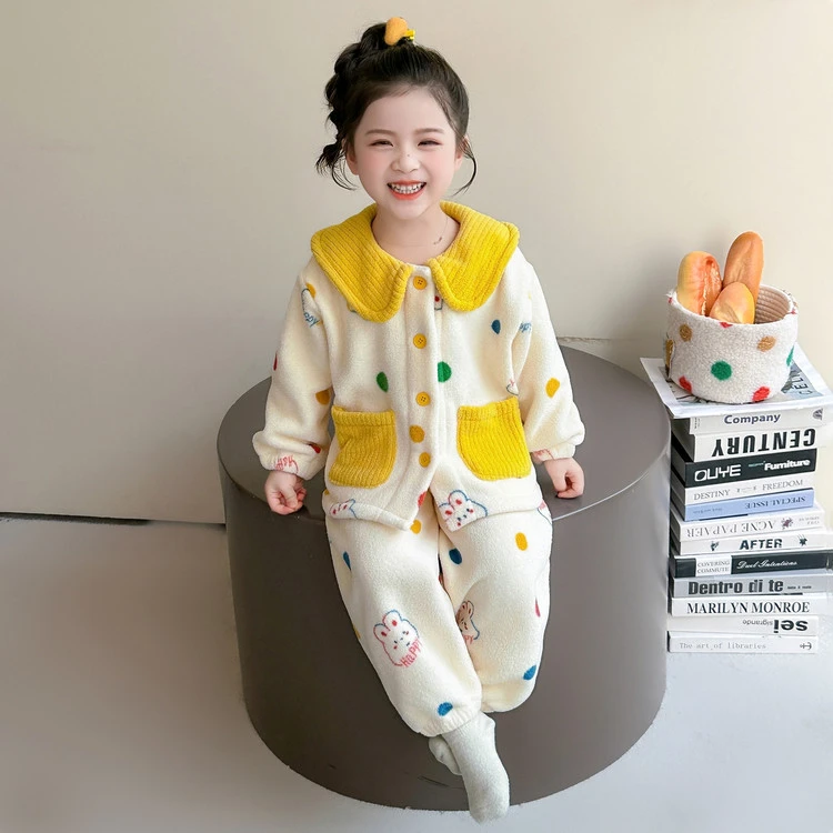 儿童睡衣秋冬季女童珊瑚绒冬季加厚法兰绒套装女孩宝宝保暖家居服