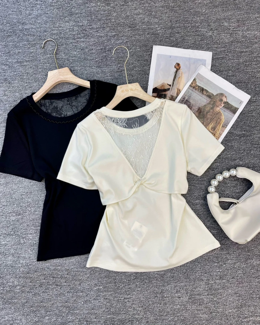 【苗姐优选】设计镂空蕾丝后背T恤HLN1018