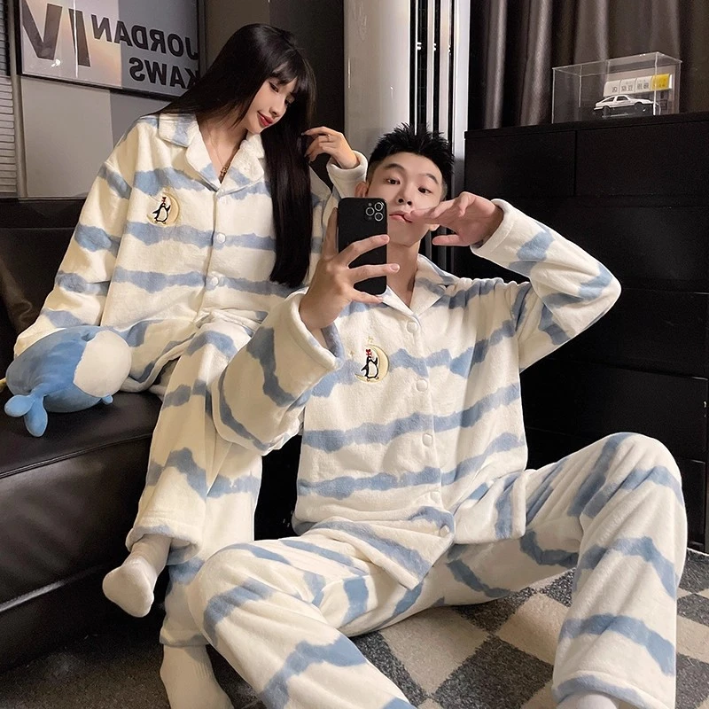 日系ins情侣睡衣女冬季珊瑚绒法兰绒加厚保暖男士条纹家居服套装