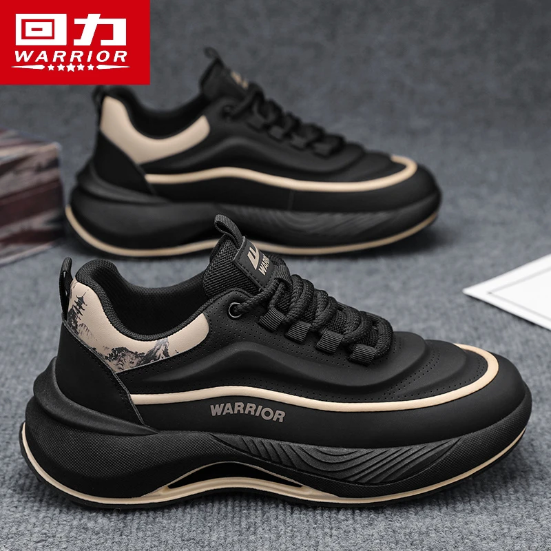 回力运动鞋男鞋2025新款冬季休闲跑步板鞋减震厚底皮面全黑色潮鞋
