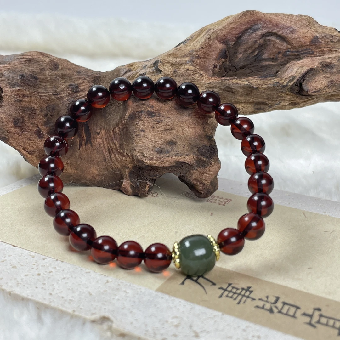芷桦珠宝-天然缅甸血珀7+mm单圈手链设计款手串红色琥珀绿色复古