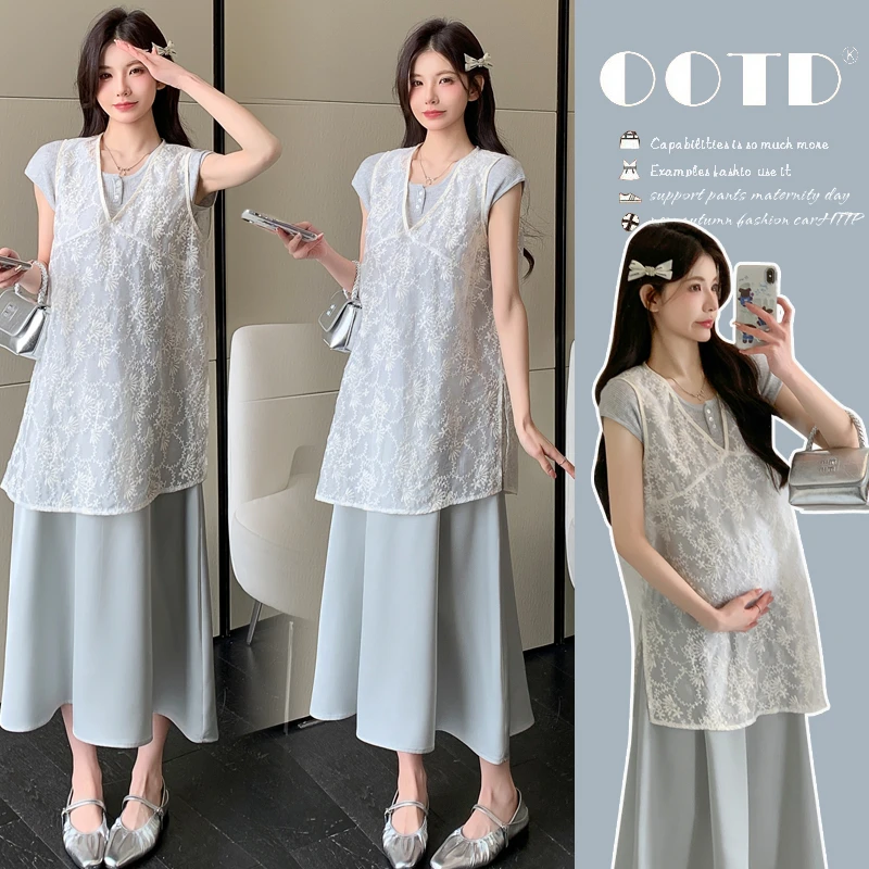 孕妇夏季套装孕期高级感穿搭蕾丝背心上衣三件套灰色缎面半身裙子