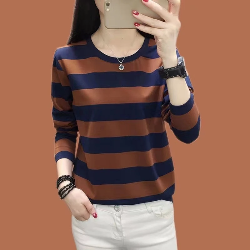 棉质长袖T恤女2025新款早秋大码宽松中年妈妈上衣服遮肚子打底衫