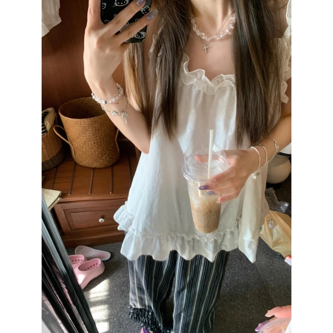 甜梦白花 木耳边上衣2025夏季新款纯欲显瘦设计无袖吊带背心上衣