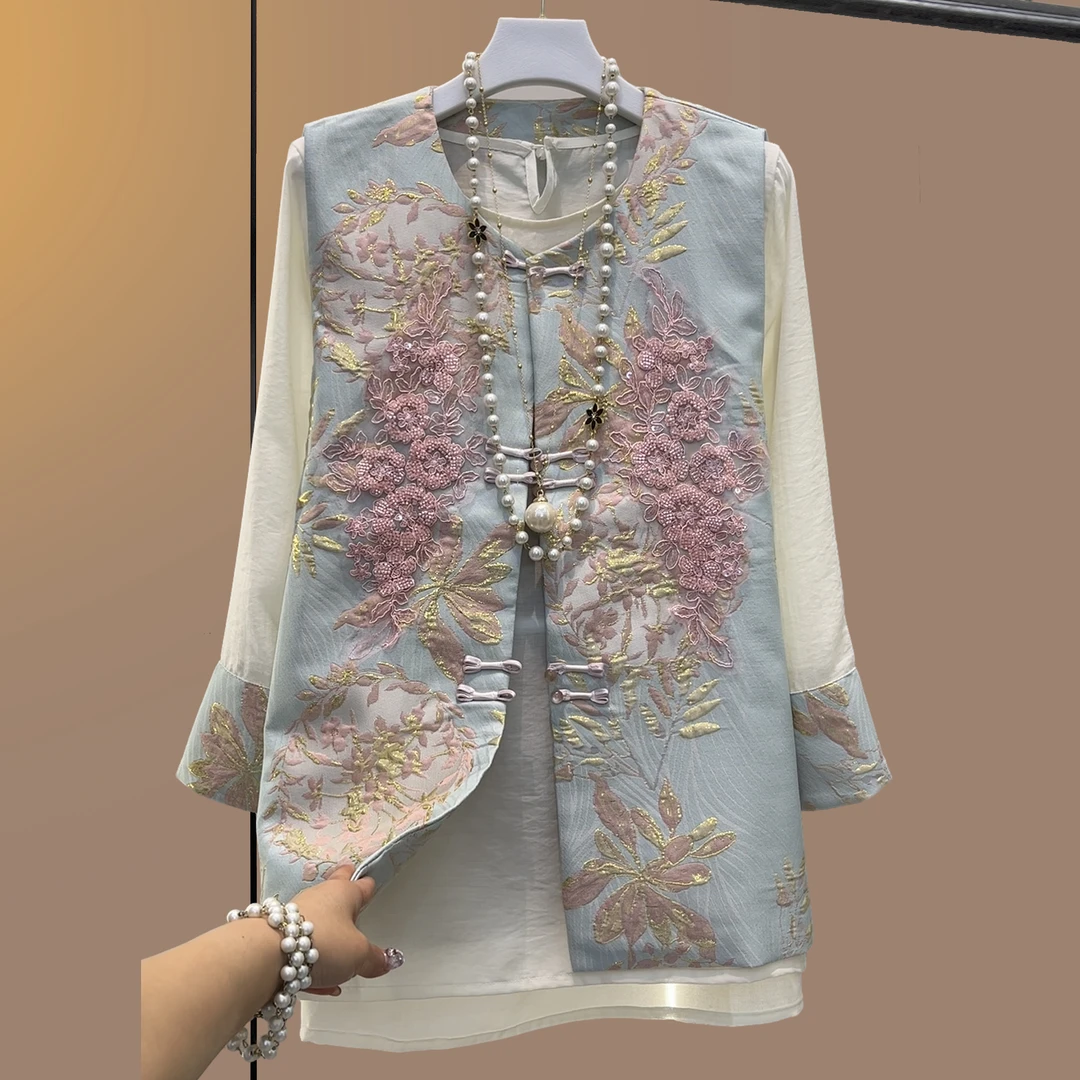 大码新中式套装时尚绣花马甲内搭气质两件套