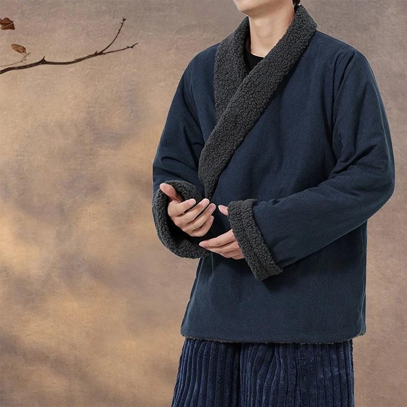 复古文艺 中国风斜襟唐装棉衣男 新中式汉服 冬季加绒厚藏袍外套