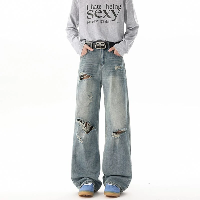 2025夏季新款破洞牛仔裤男生潮牌高级感百搭复古美式宽松直筒长裤