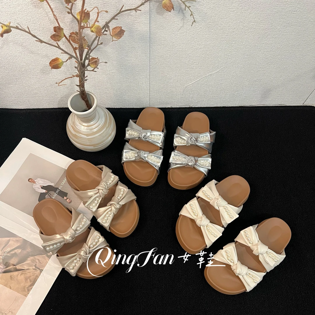 超火厚底一字拖鞋外穿2025新款夏季配裙子蝴蝶结珍珠沙滩凉拖鞋女