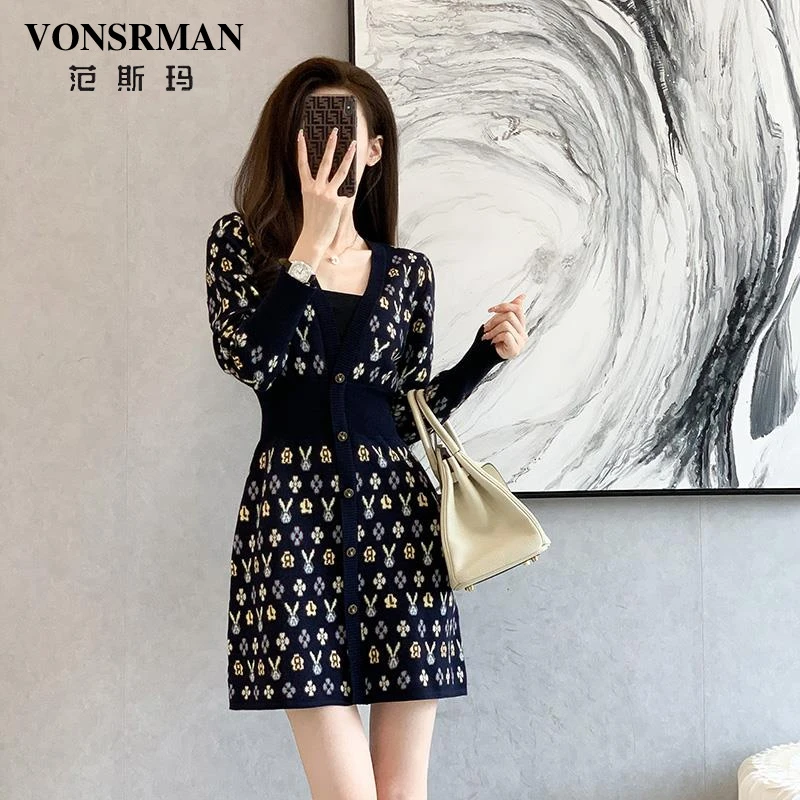 法式小香风长袖针织深V连衣裙女2025春秋新款收腰显瘦碎花打底裙
