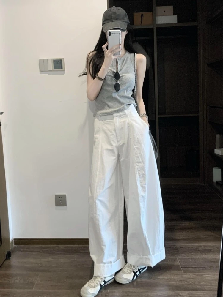清冷松弛感穿搭小香风韩系减龄灰色背心白色阔腿裤休闲两件套装女