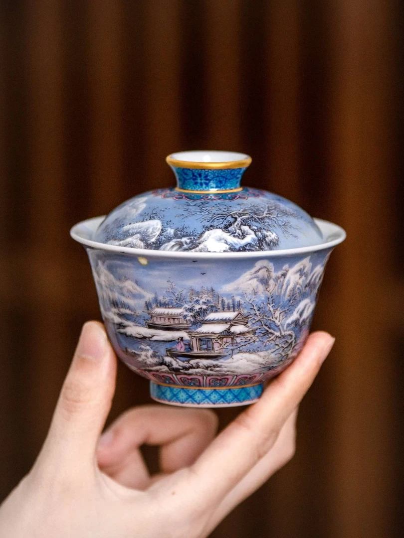 青衿堂珐琅彩夜景雪景盖碗