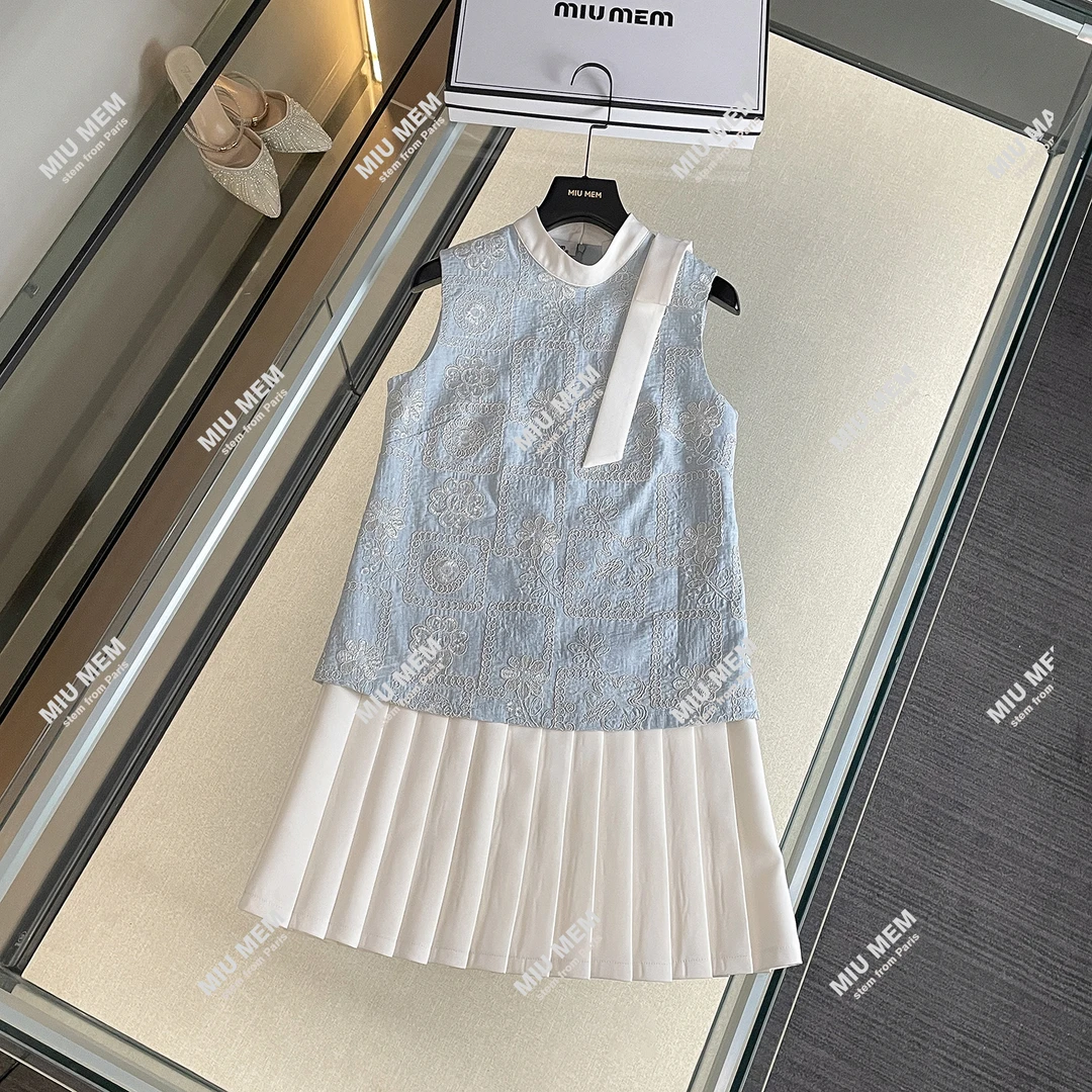 法式甜美可蝴蝶结肩带拼色设计气质无袖连衣裙DY6677