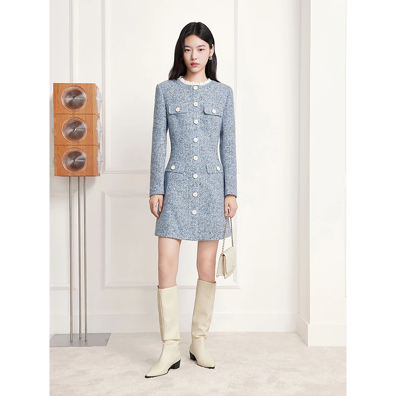 Goodland美地2025冬新款优雅气质羊毛混纺小香风连衣裙LC35505310