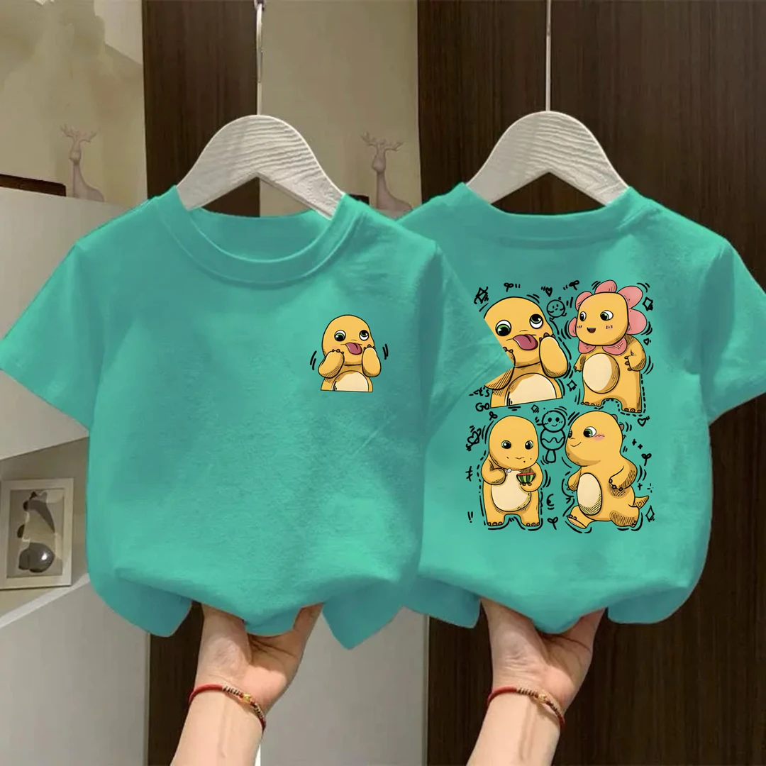 纯棉男童女童纯色透气短袖圆领T恤夏季中小儿童卡通印花奶龙童装