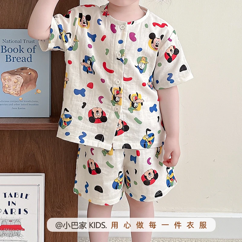 宝宝夏季纱布睡衣纯棉薄款儿童空调衫婴儿韩版家居服男女套装