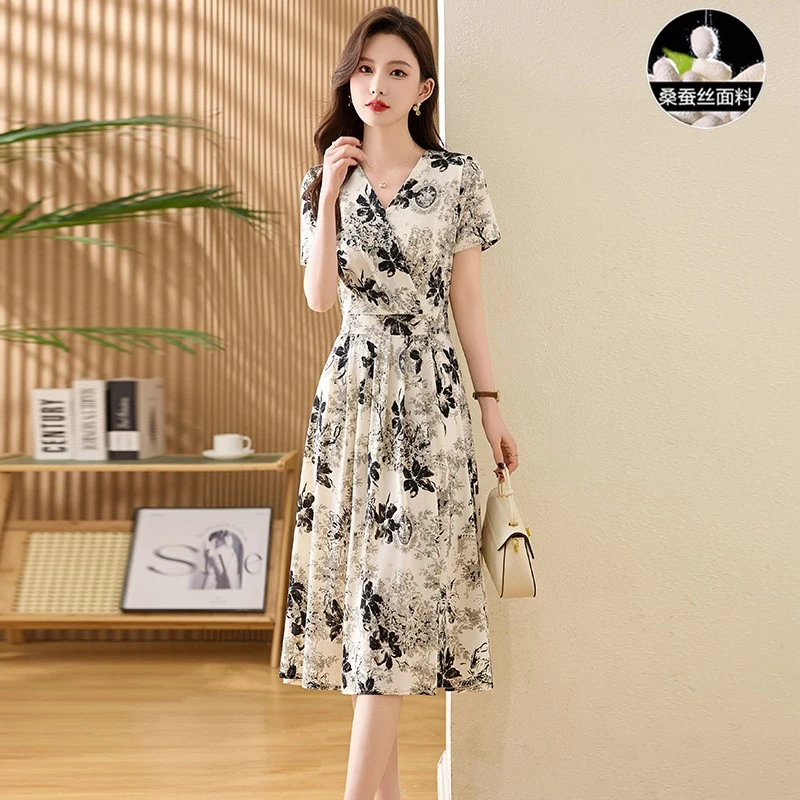 杭州高端妈妈桑蚕冰丝连衣裙女2025新款夏季国际大牌流行爆款裙子