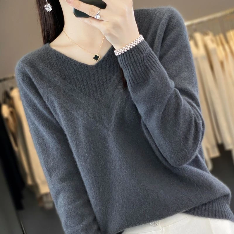 V领毛衣女宽松显瘦大码洋气减龄时尚纯色套头百搭长袖打底针织衫