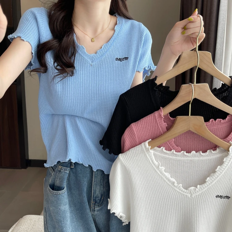 夏装新款大码女装冰丝短袖T恤胖妹妹绣花上衣