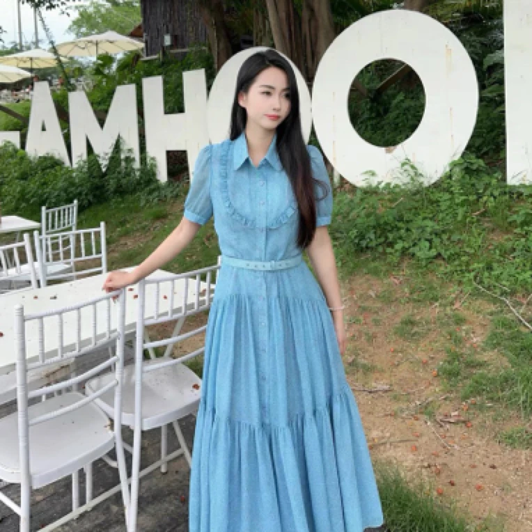 【多多】宝家2025蓝底艺术波点甜美泡泡袖连衣裙B2653