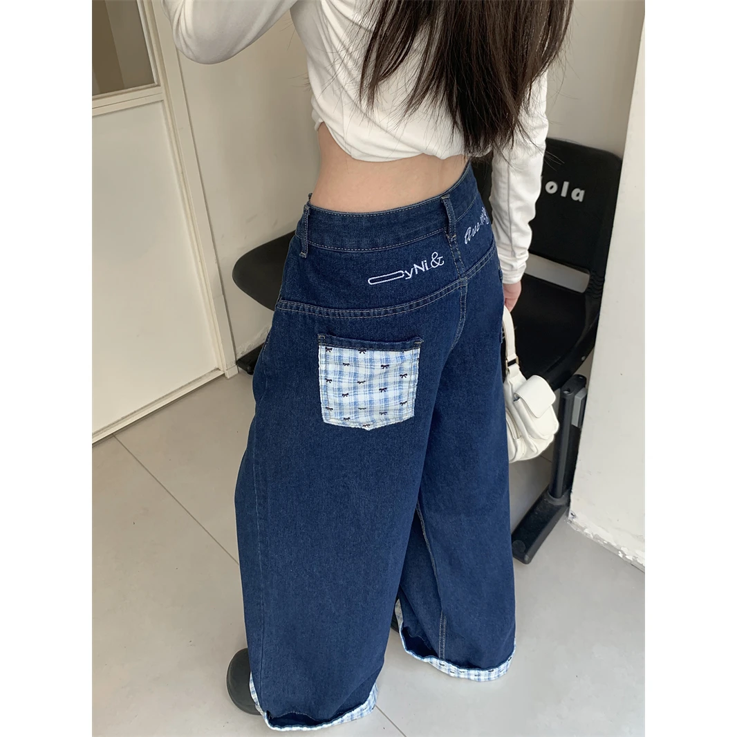 设计感蝴蝶结格子拼接春季新款宽松小众阔腿拖地