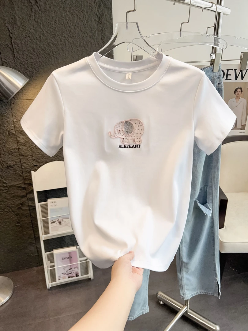 2025夏季新款圆领刺绣亮片短袖T恤女纯色休闲百搭宽松时尚女短袖