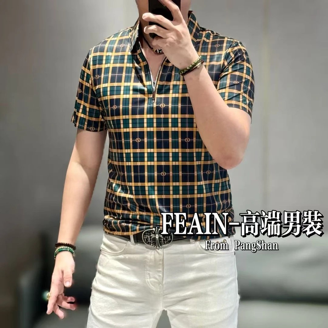 高端男士弹力莱卡半拉链设计经典格纹设计Polo1258