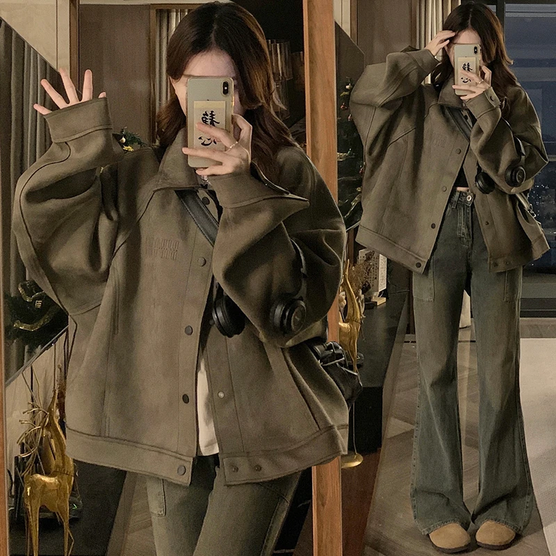 实拍美拉蓝穿搭短款麂皮夹克美式复古机车外套hiphop男女情侣外套