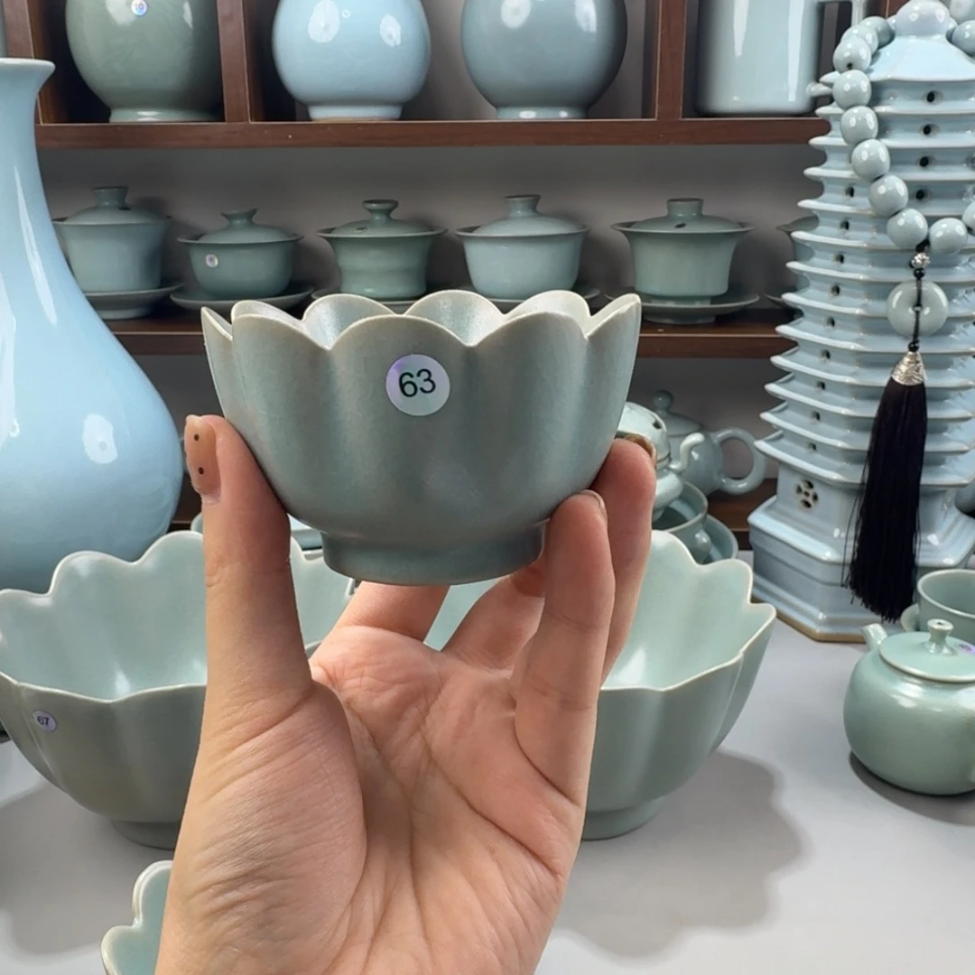 赫***然摆件陶微瑕汝窑仿古釉小号莲花杯编号63