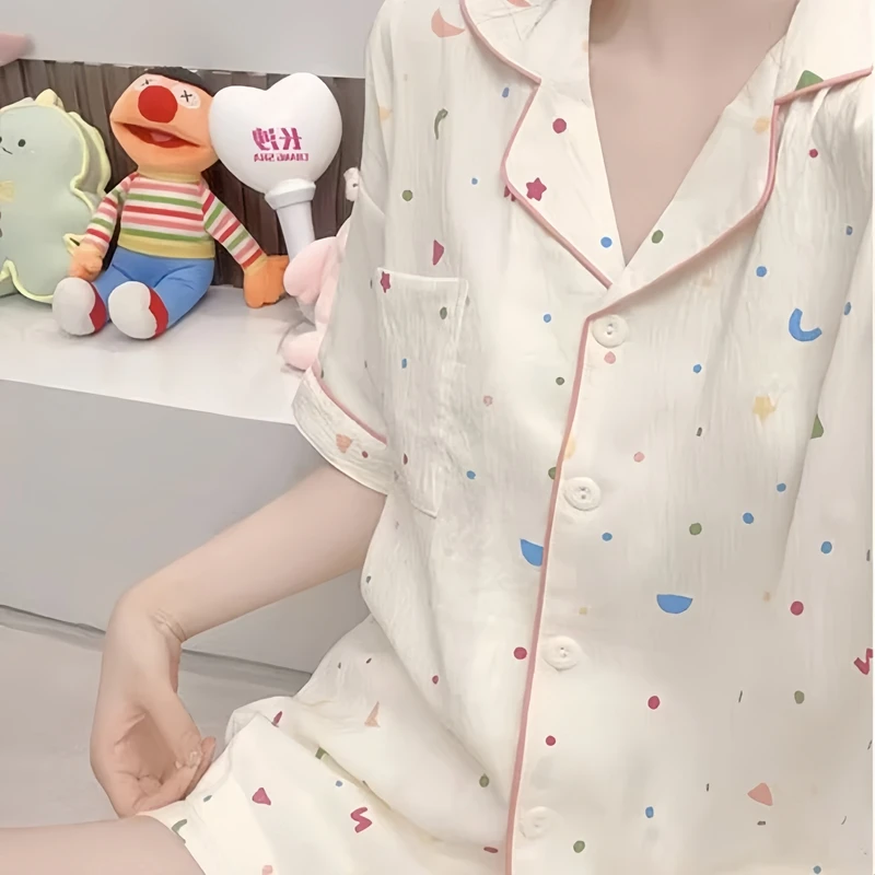 彩色波点睡衣女款夏季甜美短袖短裤可爱休闲云朵绵柔软舒适家居服