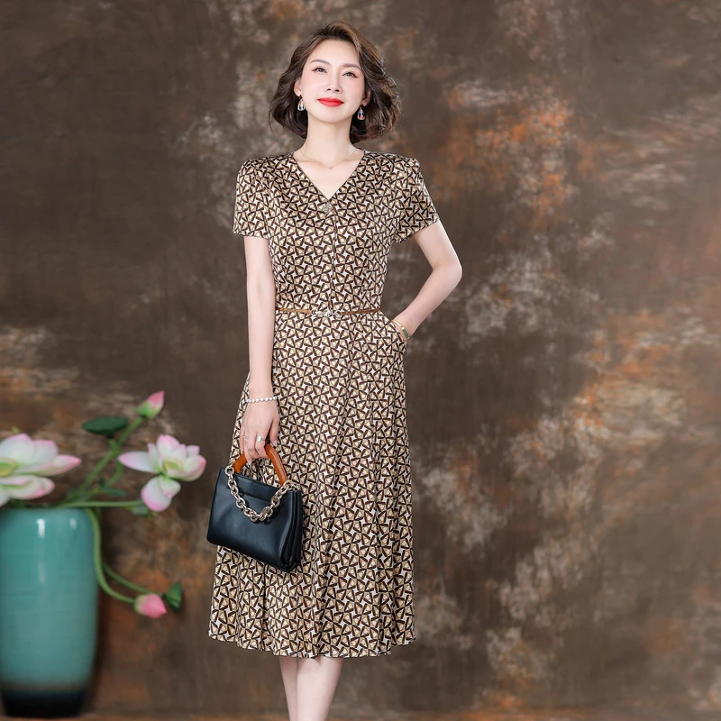 齐黛重磅真丝连衣裙女夏新款减龄漂亮妈妈洋气高贵气质桑蚕丝裙子