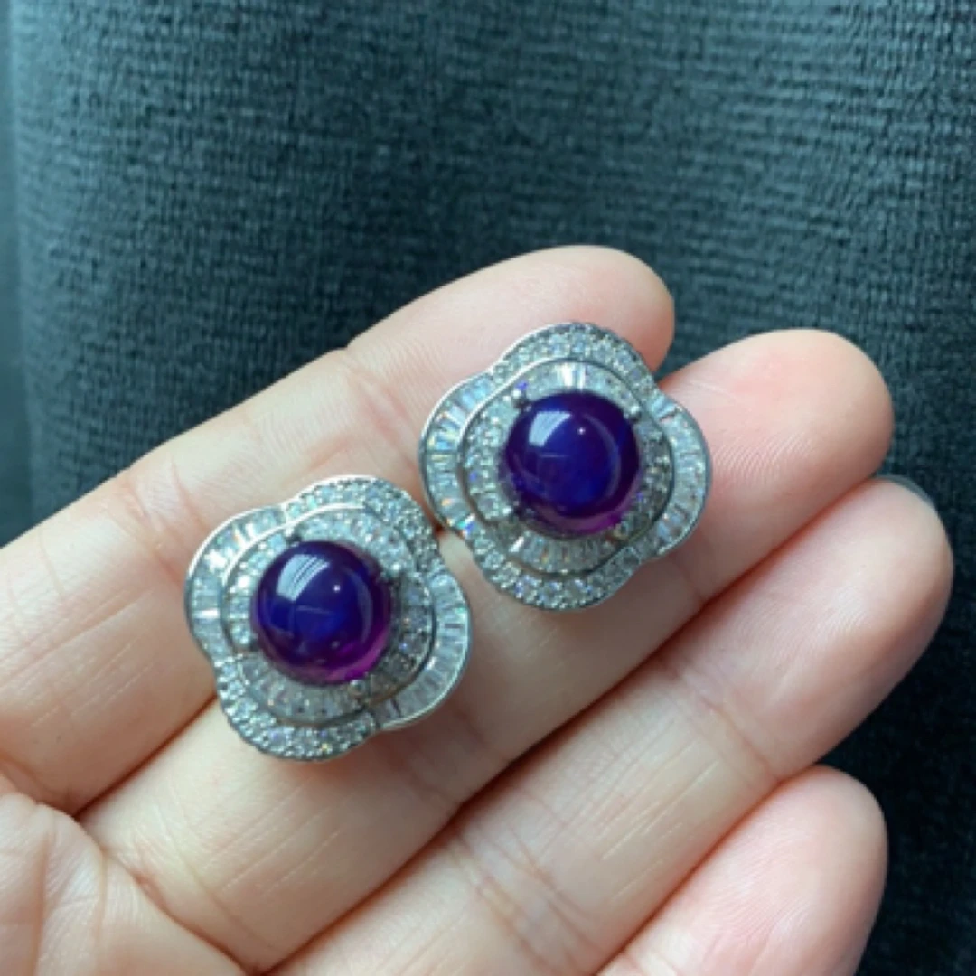 培育蓝宝石培育轻奢彩宝星光耳钉深紫色63