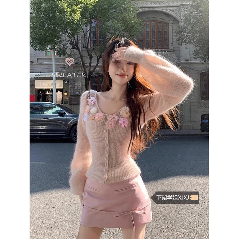 手工花朵设计感针织毛衣开衫女春季2025新款修身显瘦甜美气质上衣
