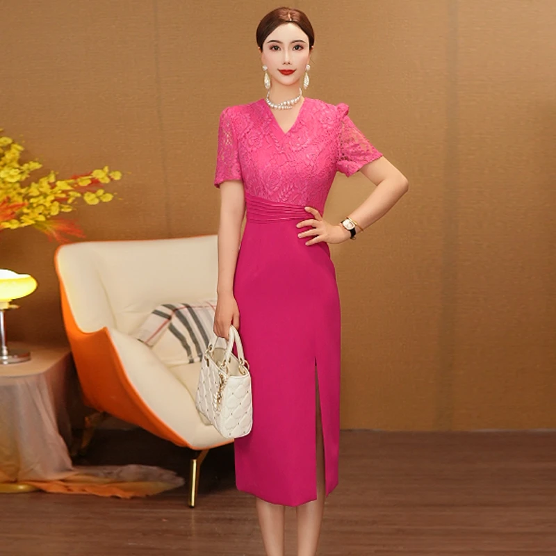 玫红色蕾丝连衣裙短袖夏季高腰拼接气质V领显瘦修身包臀裙0830