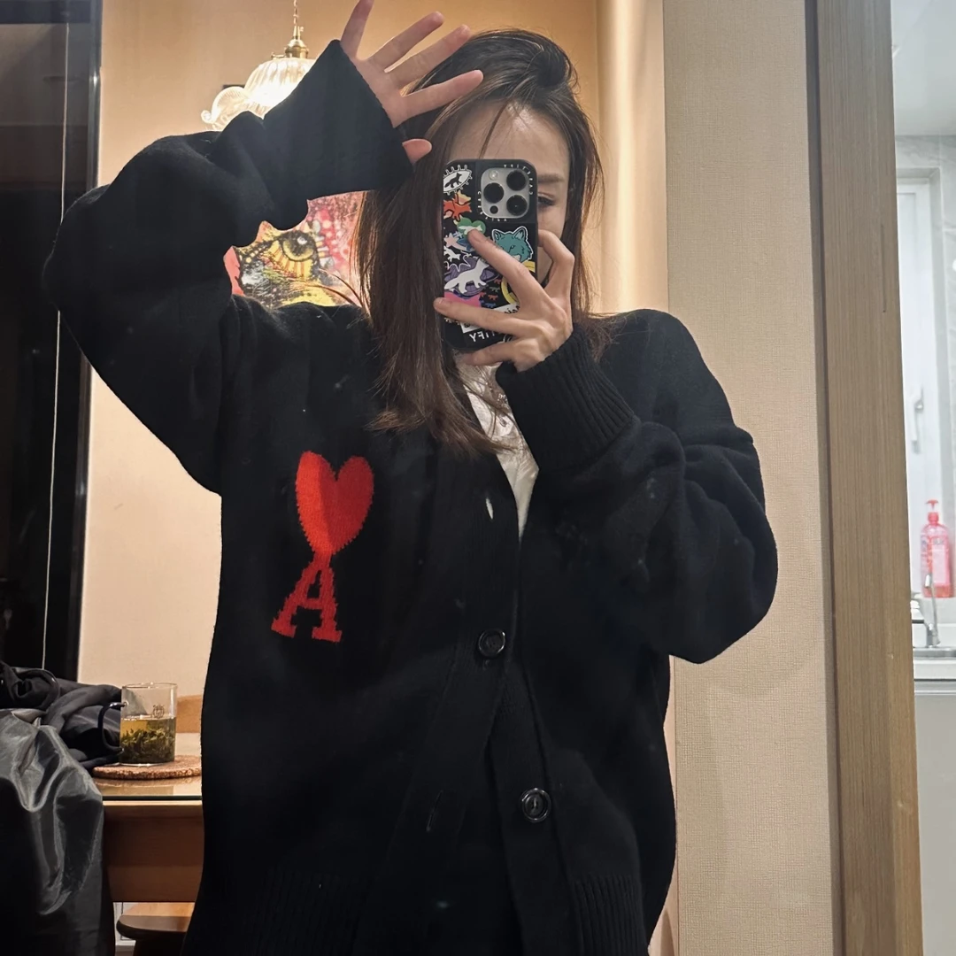 99新  Amiparis/ami 1l118 大爱心红标logo针织开衫 l码 羊毛