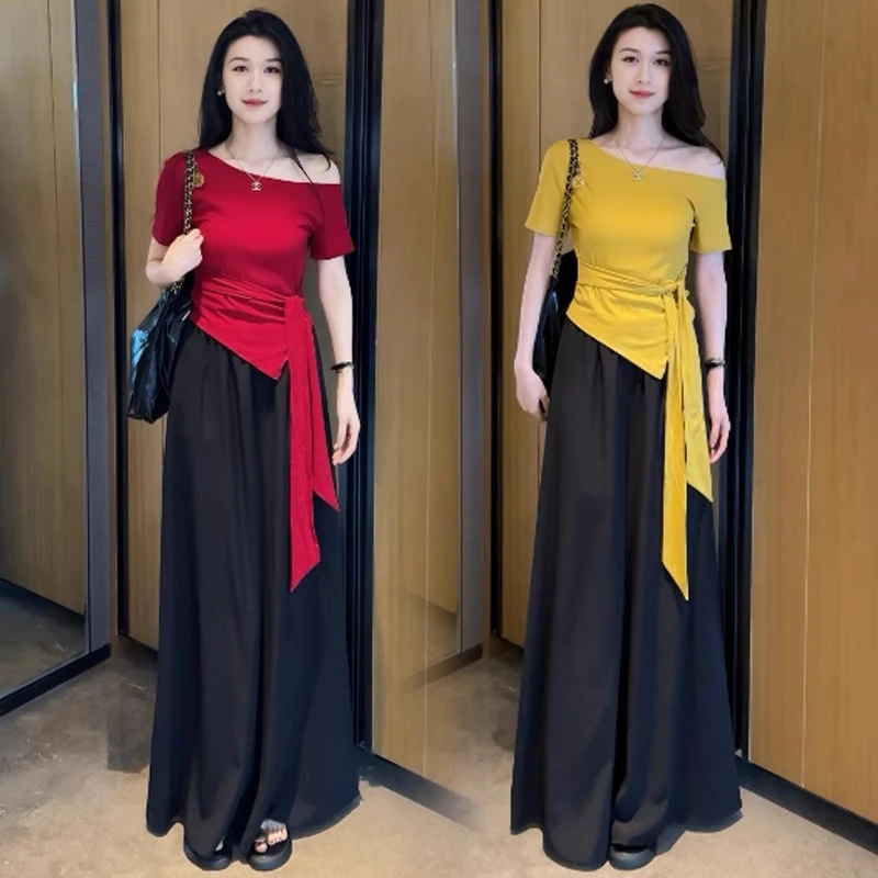 La babite时尚套装裙夏季新款韩版洋气不规则短袖T恤阔腿裤两件套