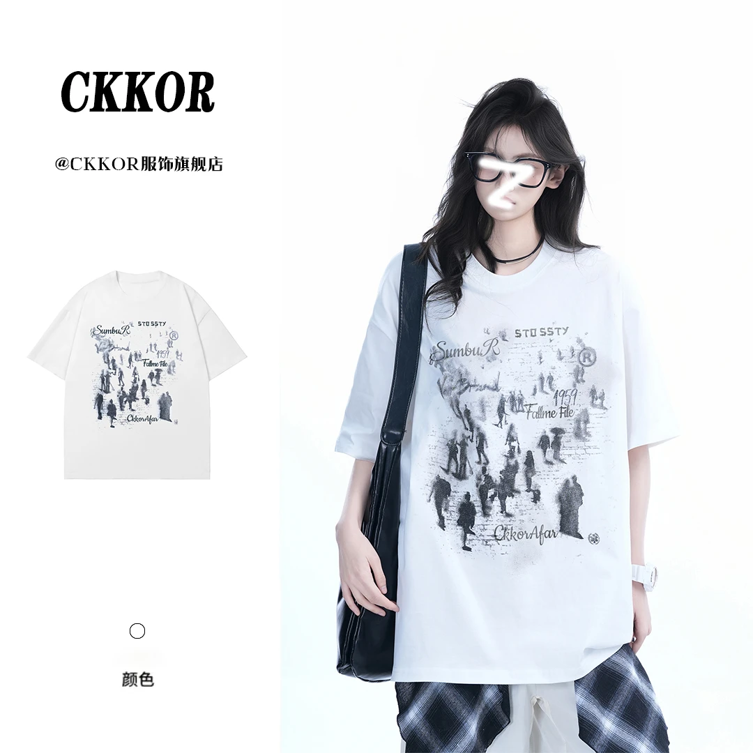 CKKOR美式休闲亲肤纯棉短袖t恤女夏季新款韩版高街时尚百搭设计感