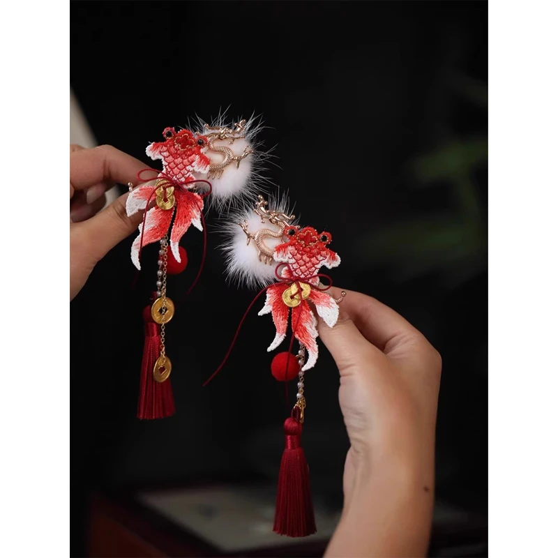 新年国潮红色锦鲤发夹可爱发饰双马尾夹子古风lolita流苏汉服头饰