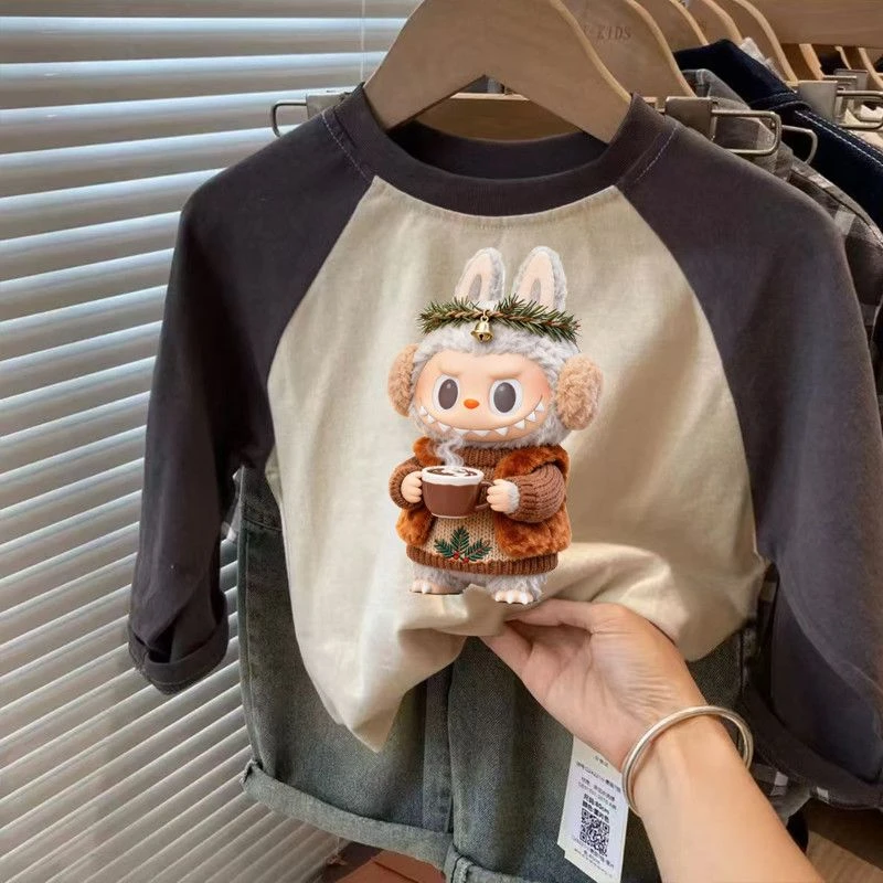儿童长袖男童T恤女童春秋新款拼色洋气上衣宝宝拉布卡通可爱纯棉t