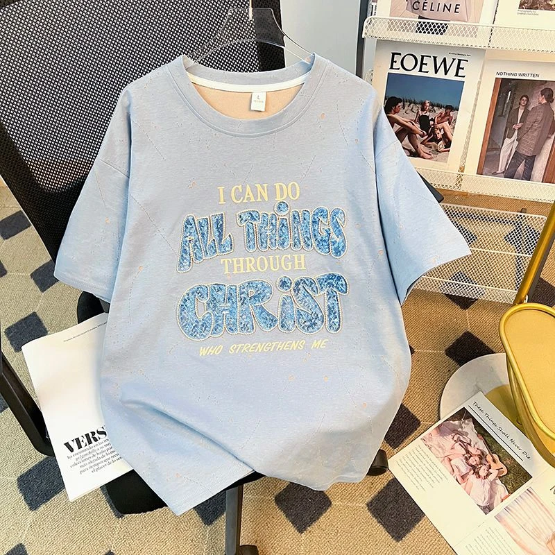 夏季百搭纯棉短袖字母T恤女韩版大码时尚小众宽松ins中长显瘦上衣