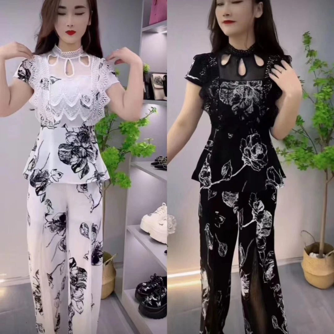 夏季新款蕾丝镂空拼接洋气套装女韩版时尚显瘦精致减龄两件套