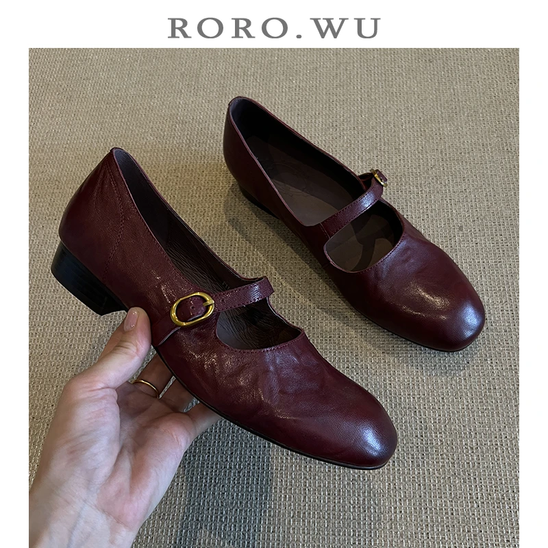 娆娆吴·植鞣羊皮安可拉红低跟玛丽珍单鞋时尚百搭百搭真皮女鞋W13