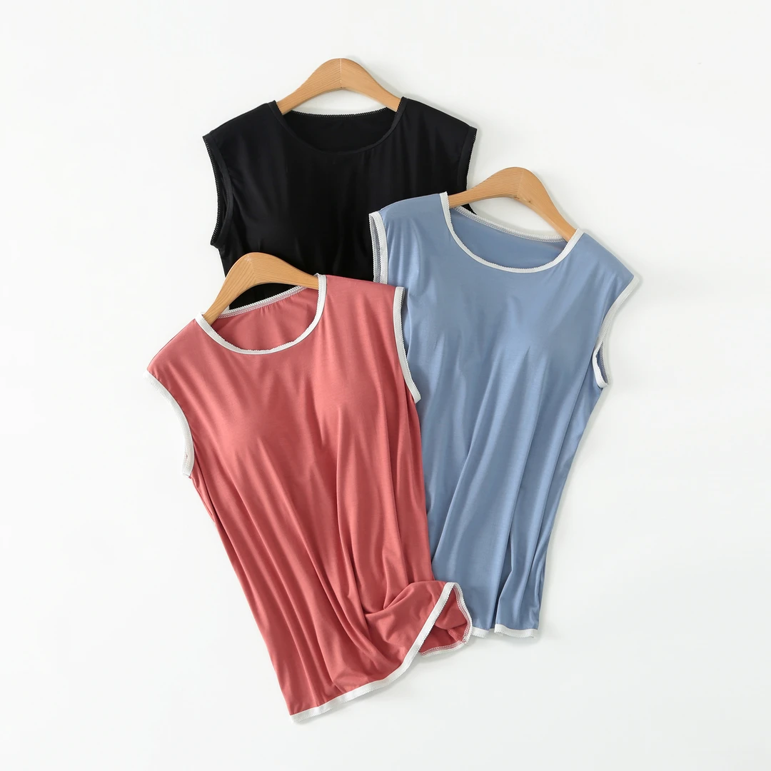 莫代尔带胸垫罩杯半袖女夏无袖背心T衫免文胸家居服