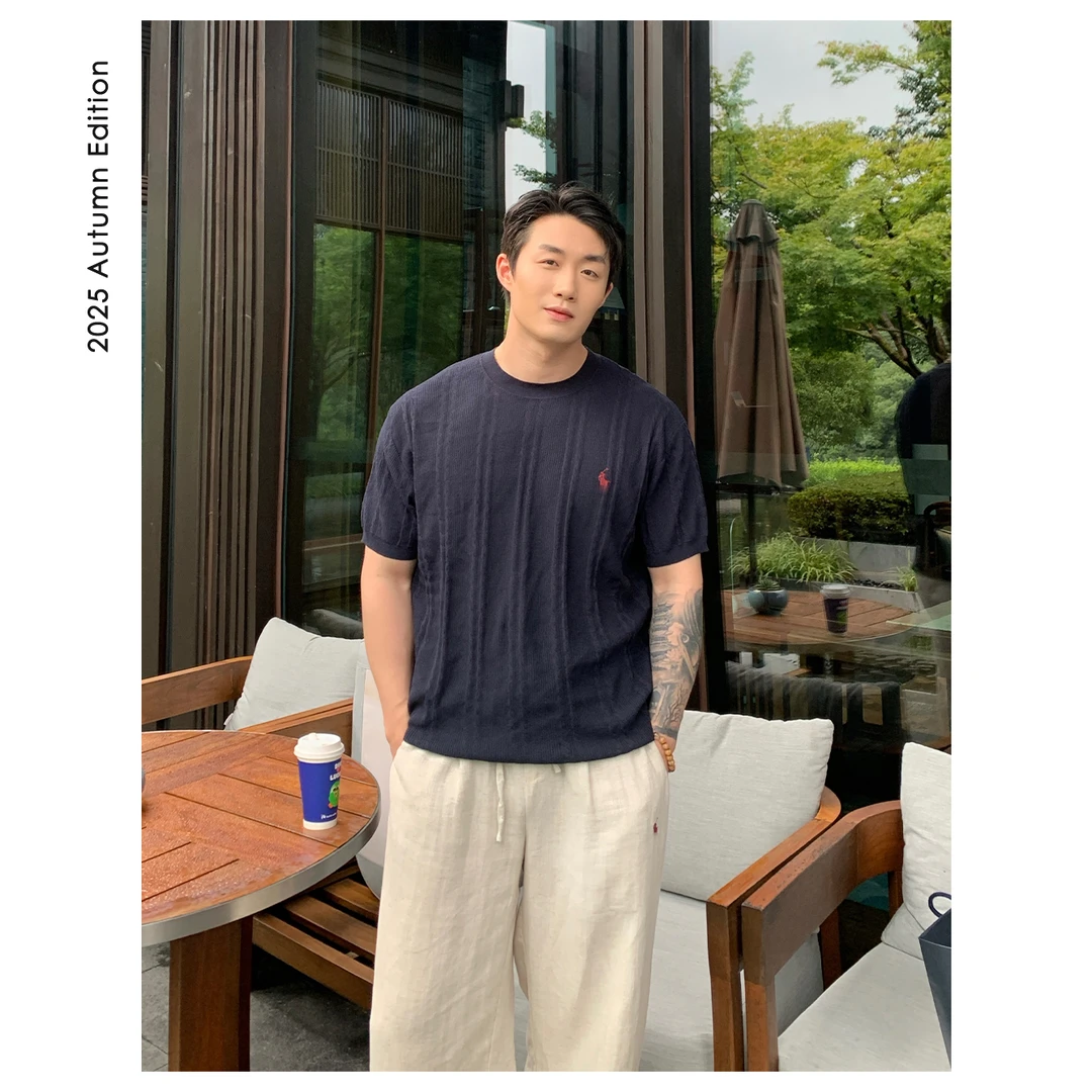 【ZICHENG】老钱新贵三色提花亚麻天丝针织衫圆领短袖休闲夏季时尚